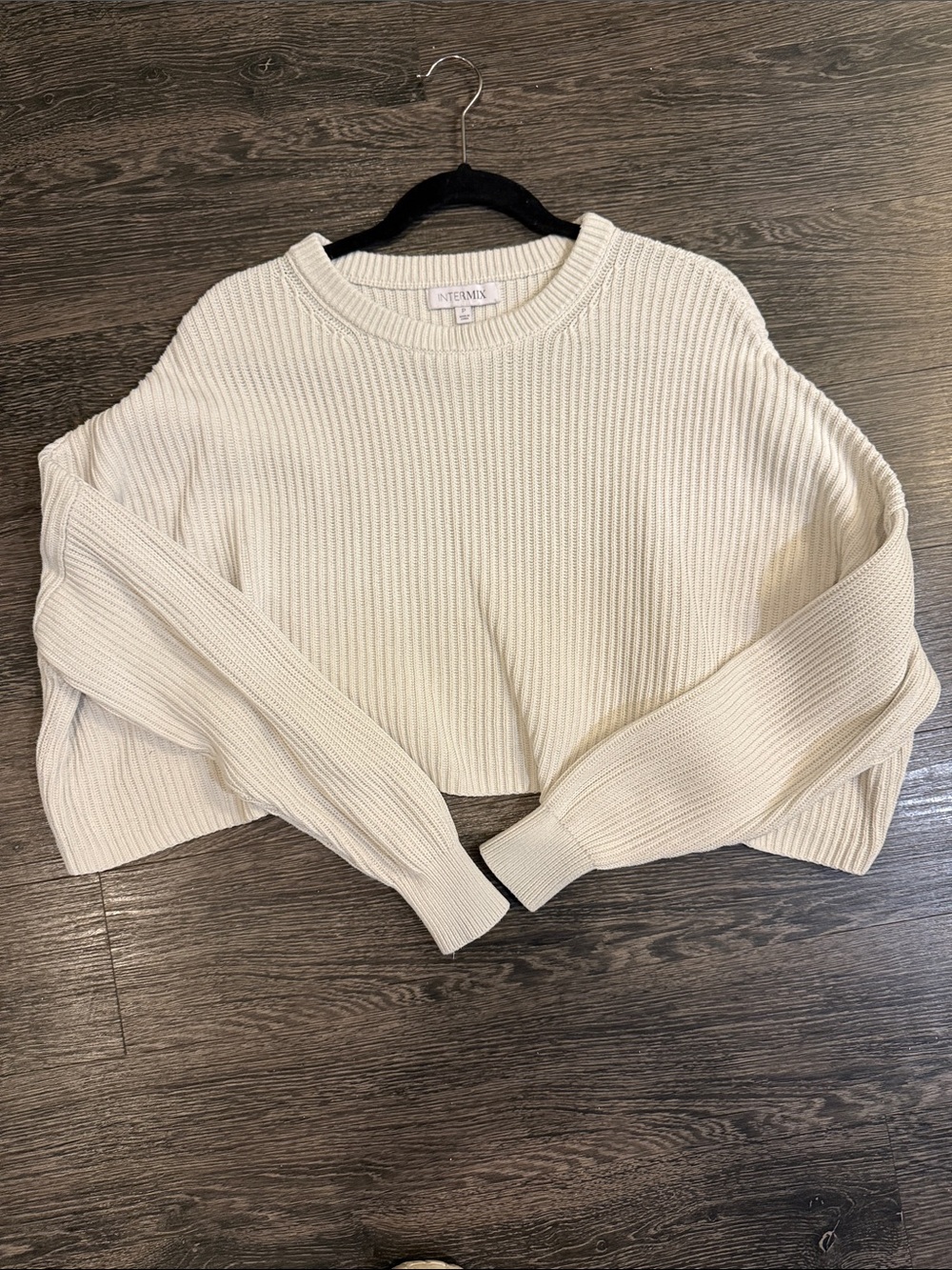 Intermix Ivory Ribbed Cropped Crew Neck Sweater XSP Petite